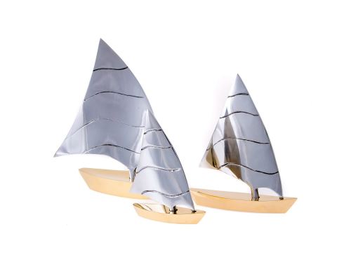 Sailing Boat, Set of 3 - Handmade Metal Decorative Nautical Ornament - Bronze & Aluminum - Small, Medium & Large