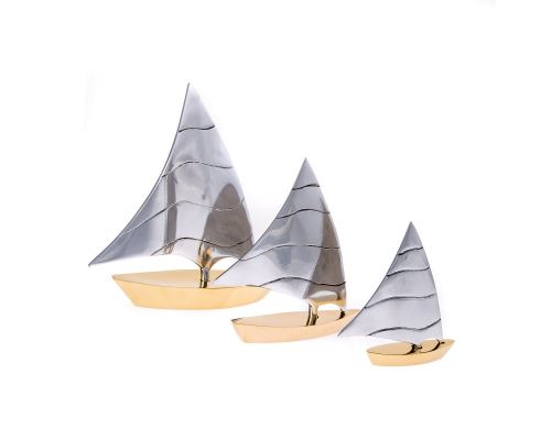 Sailing Boat, Set of 3 - Handmade Metal Decorative Nautical Ornament - Bronze & Aluminum - Small, Medium & Large