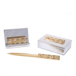 Desk Accessories Set of 3 - Archaic Design - Handmade Solid Metal - Decorative Storage Box, Business Card Holder & Letter Opener