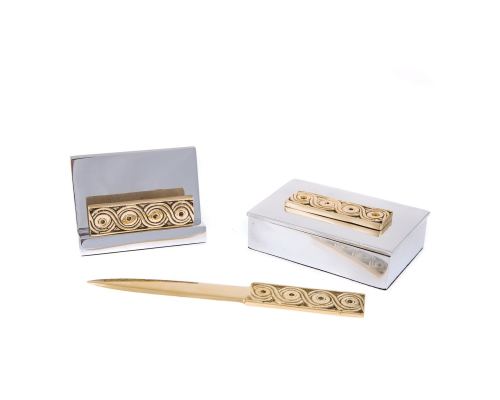 Desk Accessories Set of 3 - Archaic Design - Handmade Solid Metal - Decorative Storage Box, Business Card Holder & Letter Opener
