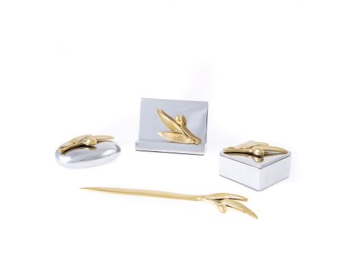 Desk Accessories Set of 4 - Olive Branch Design - Handmade Solid Metal - Decorative Storage Box, Business Card Holder, Paperweight & Letter Opener