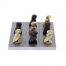 Tic Tac Toe Board Game, Handmade Metal Decorative Ornament - Owl of Minerva Design, Gold & Black
