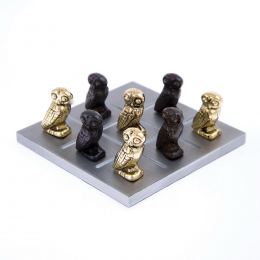 Tic Tac Toe Board Game, Handmade Metal Decorative Ornament - Owl of Minerva Design, Gold & Black