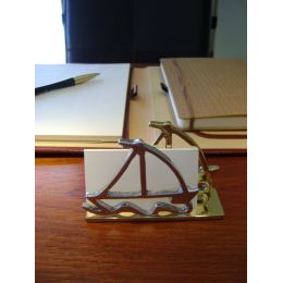 Business Card Holder - Handmade Solid Metal Desk Accessory - Two Sailing Boats Design, Gold & Silver Color