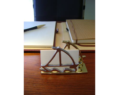 Business Card Holder - Handmade Solid Metal Desk Accessory - Two Sailing Boats Design, Gold & Silver Color