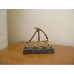 Sailboat on Waves, Solid Bronze Handmade Decor Ornament on Dark Brown Base