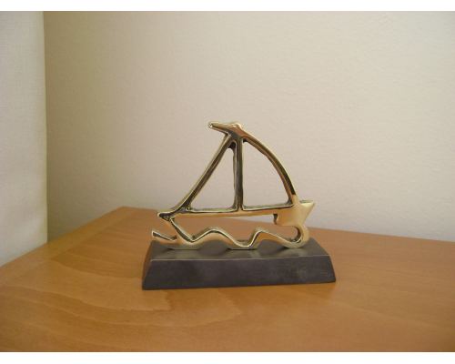 Sailboat on Waves, Solid Bronze Handmade Decor Ornament on Dark Brown Base