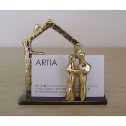 Business Card Holder - Handmade Solid Metal Desk Accessory - Family House Design