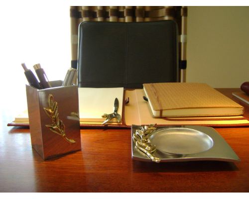 Desk Accessories Set of 2 - Olive Branch Design - Handmade Solid Metal - Ashtray & Pen or Pencil Holder