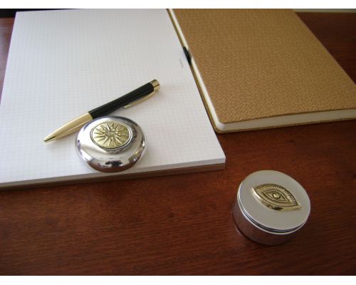 Paperweight (Presse Papier) - Handmade Solid Metal Desk Accessory - Sun of Vergina Design, Gold & Silver