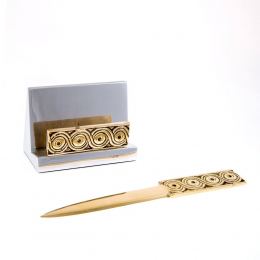 Desk Accessories Set of 2 - Archaic Design - Handmade Solid Metal - Letter Opener, Business Card Holder