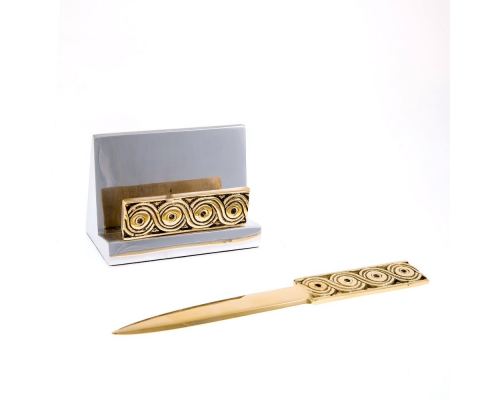 Desk Accessories Set of 2 - Archaic Design - Handmade Solid Metal - Letter Opener, Business Card Holder