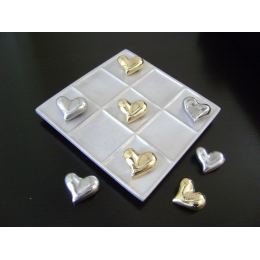 Tic Tac Toe Board Game, Handmade Metal Decorative Ornament - Love Heart Design, Silver & Gold