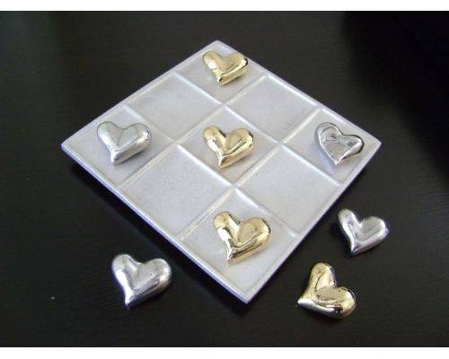 Tic Tac Toe Board Game, Handmade Metal Decorative Ornament - Love Heart Design, Silver & Gold