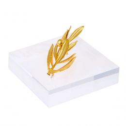 Olive Branch Paperweight or Presse Papier - Real Natural Plant - 24 Karat Gold Plated on Plexiglass, 8x8cm (3.1"x 3.1")