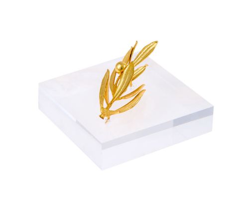 Olive Branch Paperweight or Presse Papier - Real Natural Plant - 24 Karat Gold Plated on Plexiglass, 8x8cm (3.1"x 3.1")