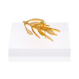 Olive Branch Paperweight or Presse Papier - Real Natural Plant - 24 Karat Gold Plated on Plexiglass, 8x8cm (3.1"x 3.1")