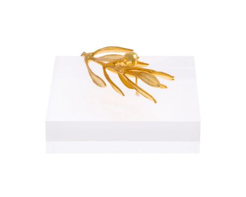 Olive Branch Paperweight or Presse Papier - Real Natural Plant - 24 Karat Gold Plated on Plexiglass, 8x8cm (3.1"x 3.1")