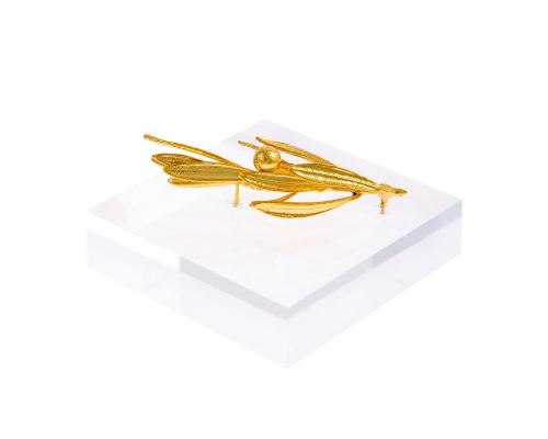 Olive Branch Paperweight or Presse Papier - Real Natural Plant - 24 Karat Gold Plated on Plexiglass, 8x8cm (3.1"x 3.1")