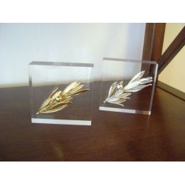 Olive Branch Paperweight or Presse Papier - Real Natural Plant - 24 Karat Gold Plated on Plexiglass, 8x8cm (3.1"x 3.1")