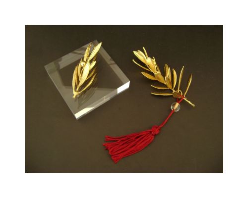 Olive Branch Paperweight or Presse Papier - Real Natural Plant - 24 Karat Gold Plated on Plexiglass, 8x8cm (3.1"x 3.1")