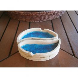 Ashtray - Handmade Beige Ceramic & Blue Glass, Yin Yang Design