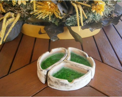 Ashtray - Handmade Beige Ceramic & Green Glass - 3 Sections 