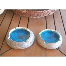 Ashtray Set of 2 - Handmade Brown Ceramic & Blue Glass - Casual Style - Large & Small 