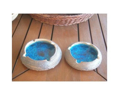 Ashtray Set of 2 - Handmade Brown Ceramic & Blue Glass - Casual Style - Large & Small 