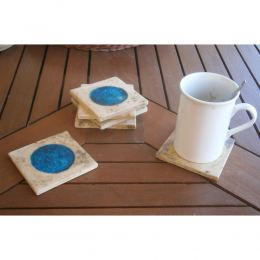 Drink Serving Coasters Set of 6 - Handmade Beige Ceramic & Blue Glass - Casual Style