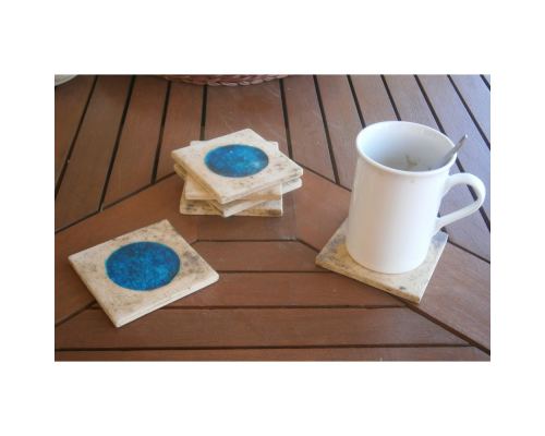 Drink Serving Coasters Set of 6 - Handmade Beige Ceramic & Blue Glass - Casual Style