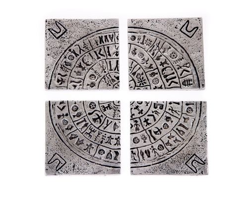 Drink Serving Coasters Set of 4 - Handmade Metal Engraved - Phaistos Disk Design