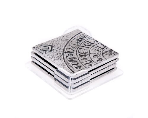 Drink Serving Coasters Set of 4 - Handmade Metal Engraved - Phaistos Disk Design