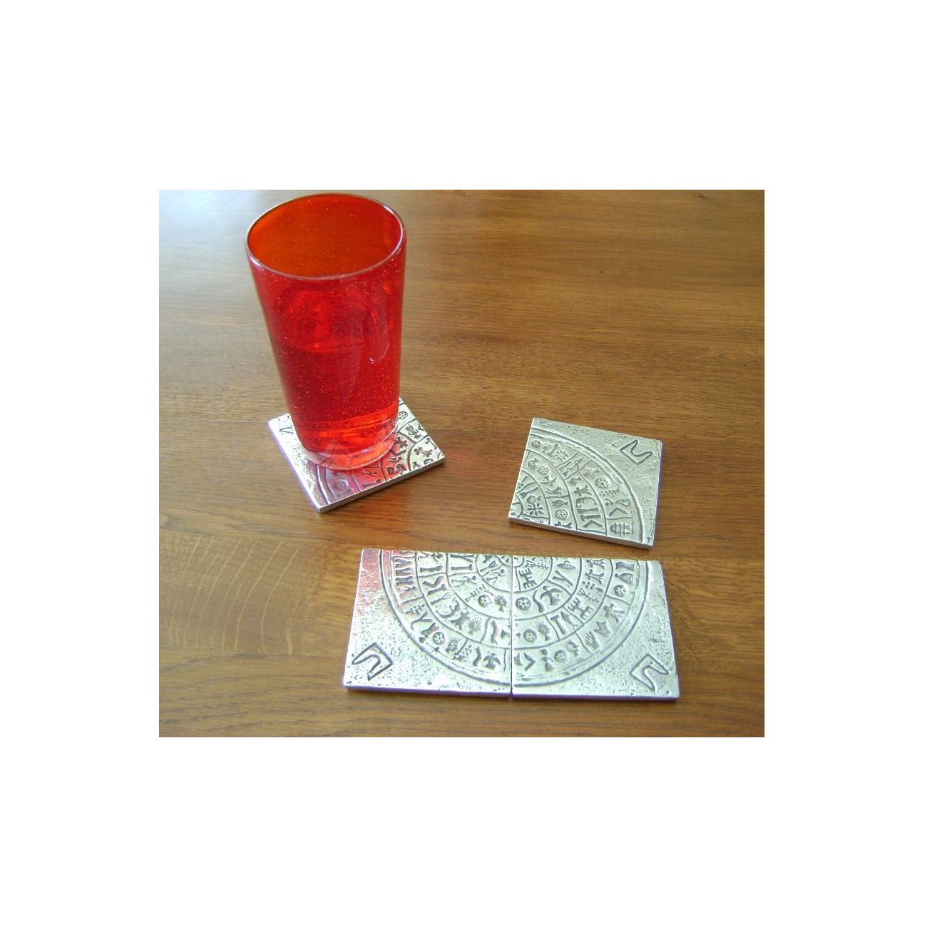 Drink Serving Coasters Set of 4 Handmade Metal Engraved Phaistos