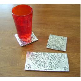 Drink Serving Coasters Set of 4 - Handmade Metal Engraved - Phaistos Disk Design