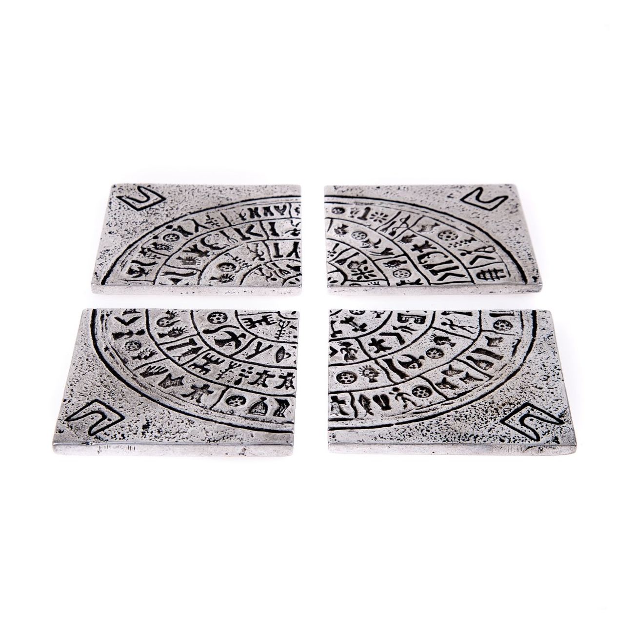 Drink Serving Coasters Set of 4 Handmade Metal Engraved Phaistos