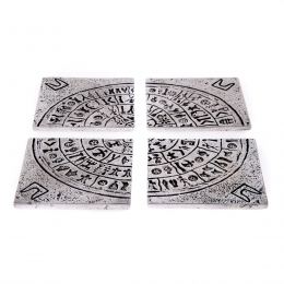 Drink Serving Coasters Set of 4 - Handmade Metal Engraved - Phaistos Disk Design