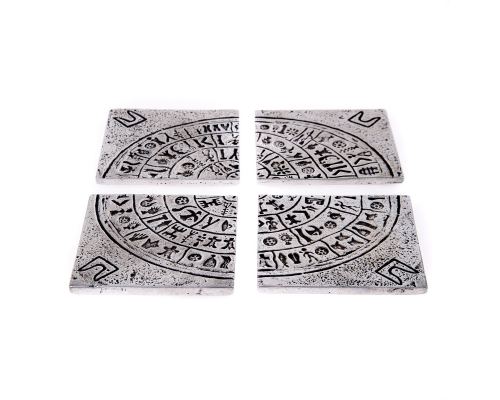 Drink Serving Coasters Set of 4 - Handmade Metal Engraved - Phaistos Disk Design