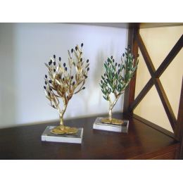 Decorative Olive Tree with Golden Patina, Handmade with Green Leaves & Black Olives on Plexiglass Base, Height 31cm (12.2'')