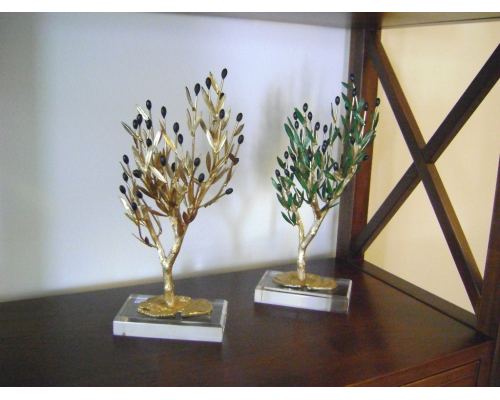 Decorative Olive Tree with Golden Patina, Handmade with Green Leaves & Black Olives on Plexiglass Base, Height 31cm (12.2'')