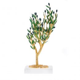 Decorative Olive Tree with Golden Patina, Handmade with Green Leaves & Black Olives on Plexiglass Base, Height 31cm (12.2'')