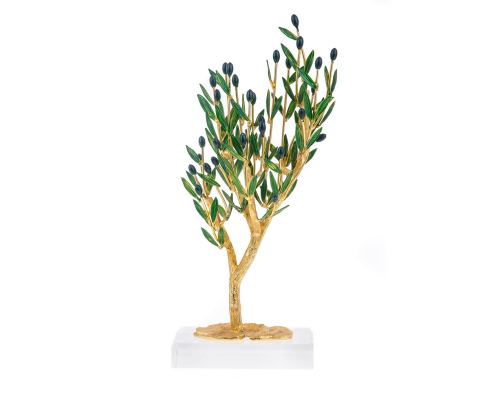 Decorative Olive Tree with Golden Patina, Handmade with Green Leaves & Black Olives on Plexiglass Base, Height 31cm (12.2'')