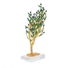 Decorative Olive Tree with Golden Patina, Handmade with Green Leaves & Black Olives on Plexiglass Base, Height 31cm (12.2'')