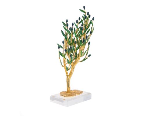Decorative Olive Tree with Golden Patina, Handmade with Green Leaves & Black Olives on Plexiglass Base, Height 31cm (12.2'')