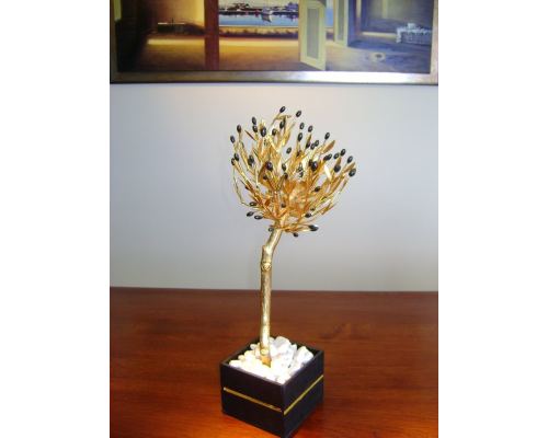 Decorative Olive Tree, Handmade Solid Brass with Golden Patina & Black Olives in Decorative Pot, Height 50cm (19.7'')