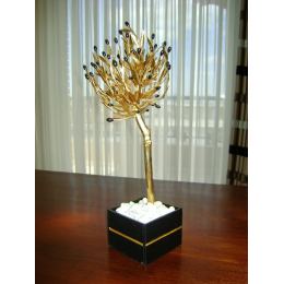 Decorative Olive Tree, Handmade Solid Brass with Golden Patina & Black Olives in Decorative Pot, Height 50cm (19.7'')