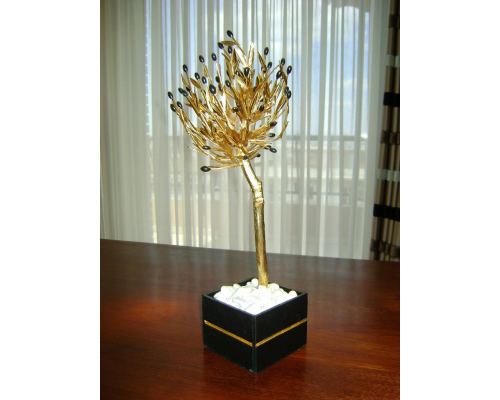 Decorative Olive Tree, Handmade Solid Brass with Golden Patina & Black Olives in Decorative Pot, Height 50cm (19.7'')