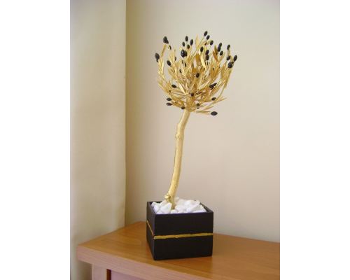 Decorative Olive Tree, Handmade Solid Brass with Golden Patina & Black Olives in Decorative Pot, Height 50cm (19.7'')