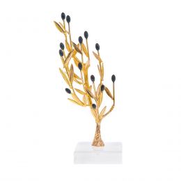 Decorative Olive Tree with Golden Patina & Black Olives, Handmade on Plexiglass Base, Height 22cm (8.6'')