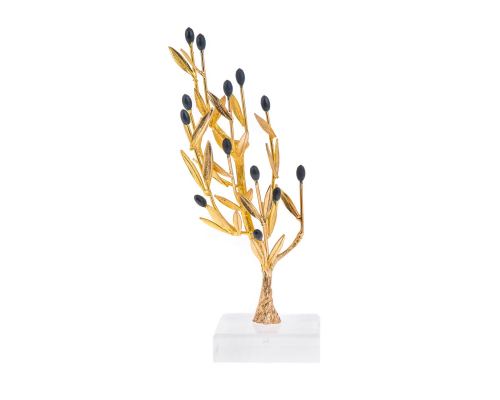 Decorative Olive Tree with Golden Patina & Black Olives, Handmade on Plexiglass Base, Height 22cm (8.6'')